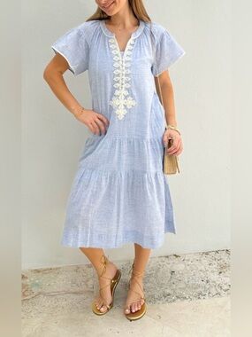 Rose and Rose Carnation Dress - Blue Stripes Small
